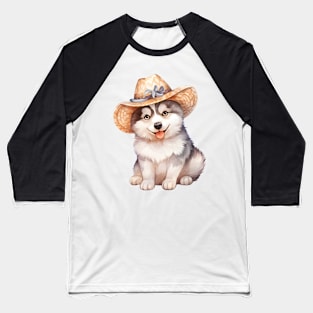 Watercolor Siberian Husky Dog in Straw Hat Baseball T-Shirt